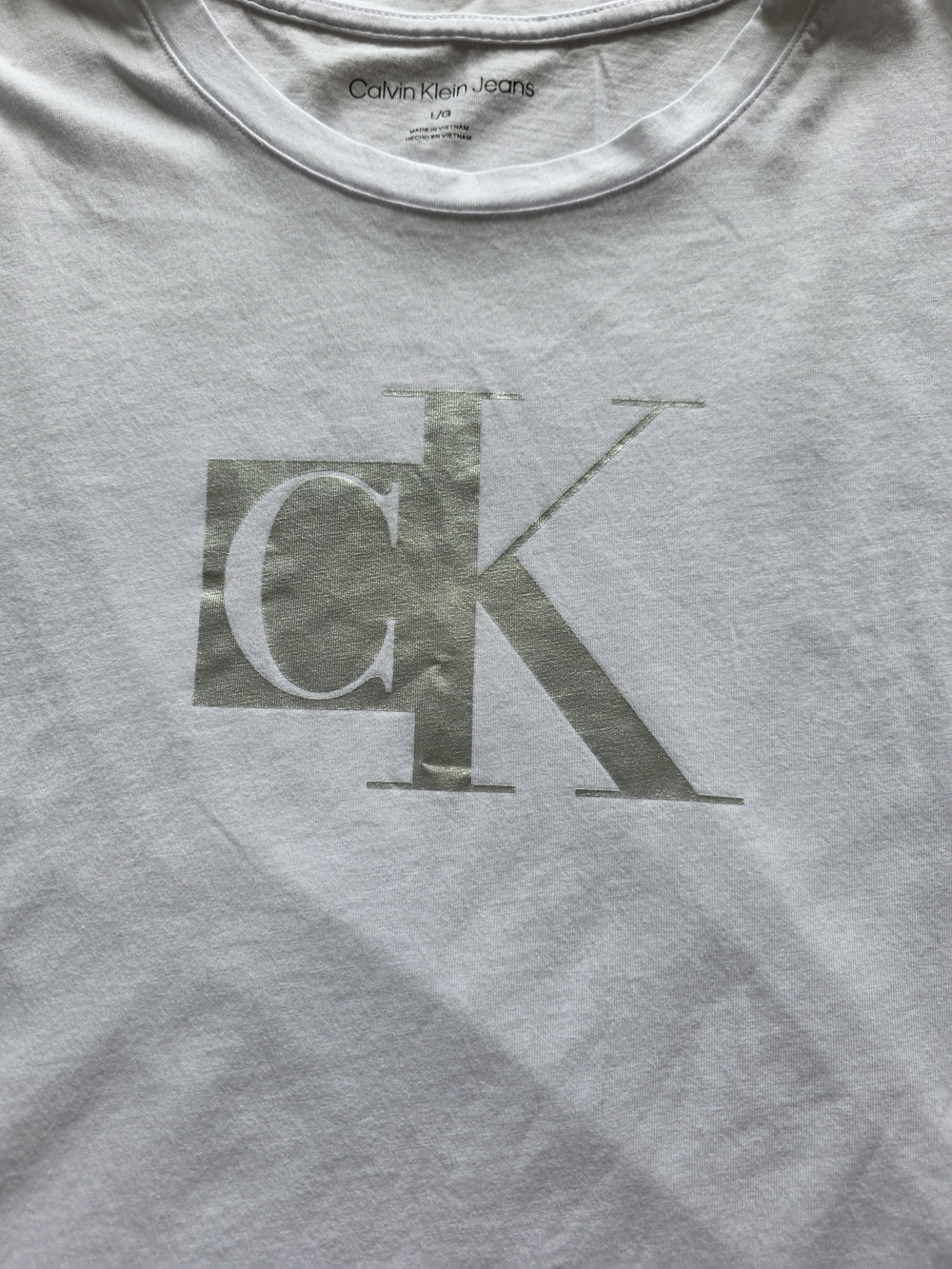 Calvin Klein White CK Logo Tee Metallic Silver Graphic Cotton Modal L - Picture 9 of 12